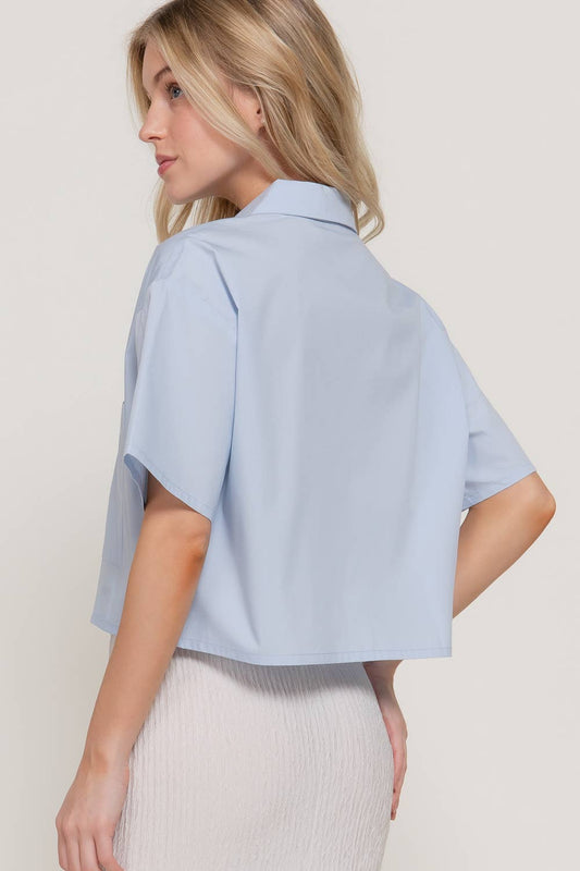 Short Sleeve Button Down Poplin Boxy Woven Shirt: BLU-blue / S