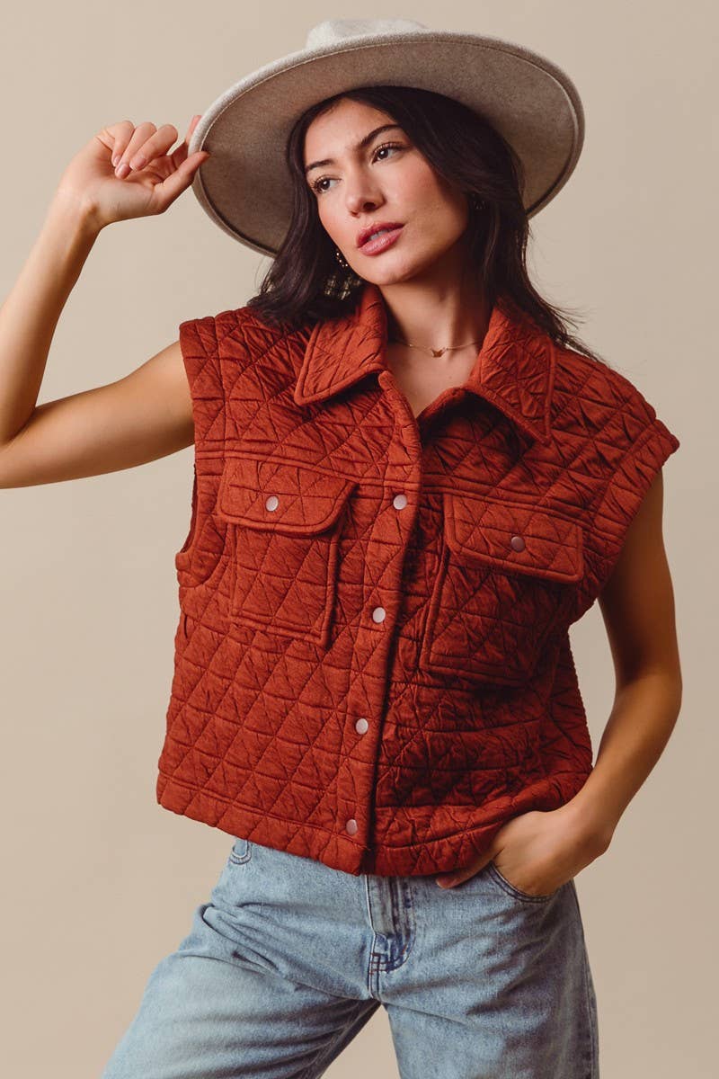 Triangle Quilting Stitch Button Up Knit Vest: VINTAGE BRICK / 3-2-1(S-M-L)