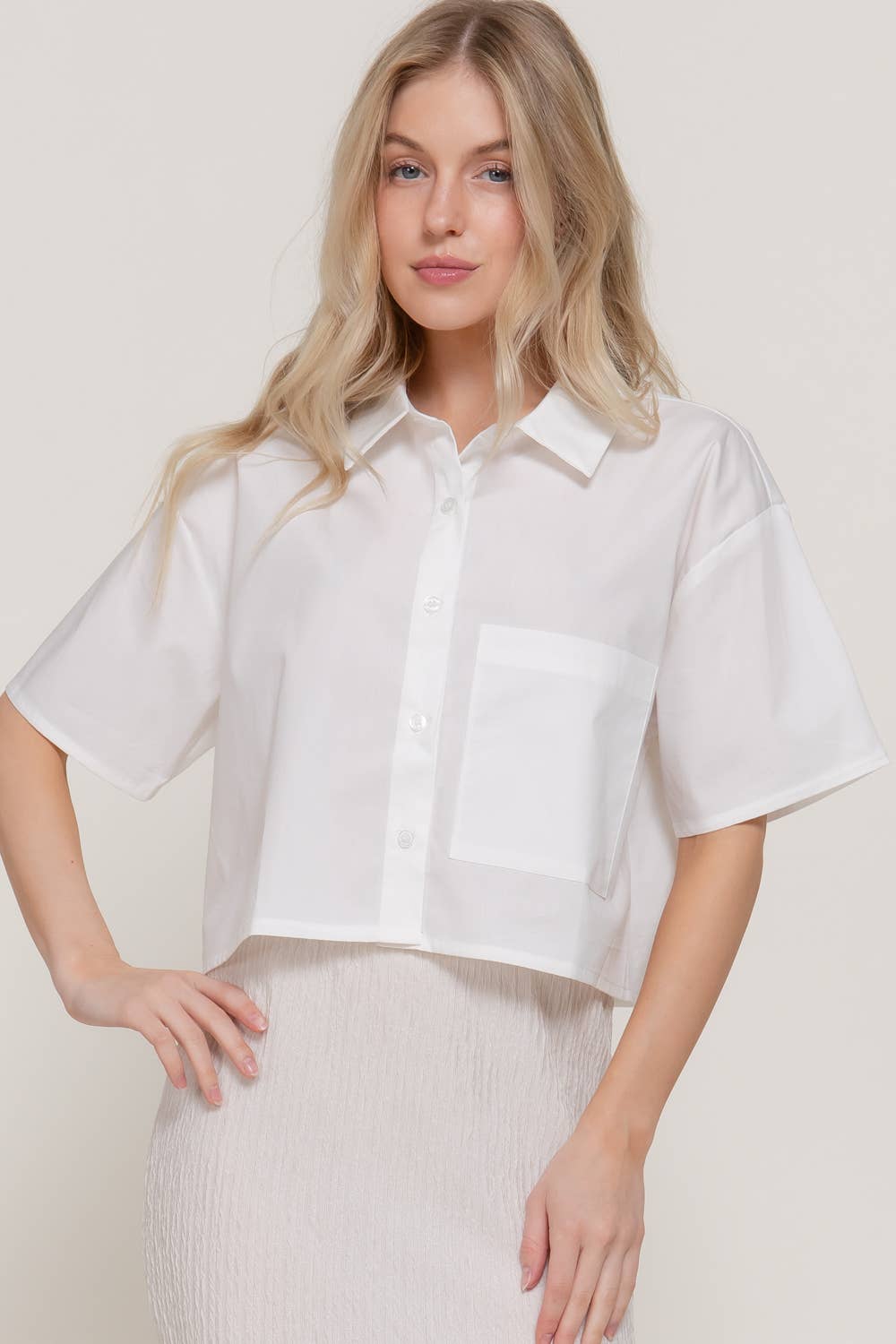 Short Sleeve Button Down Poplin Boxy Woven Shirt: BLU-blue / S