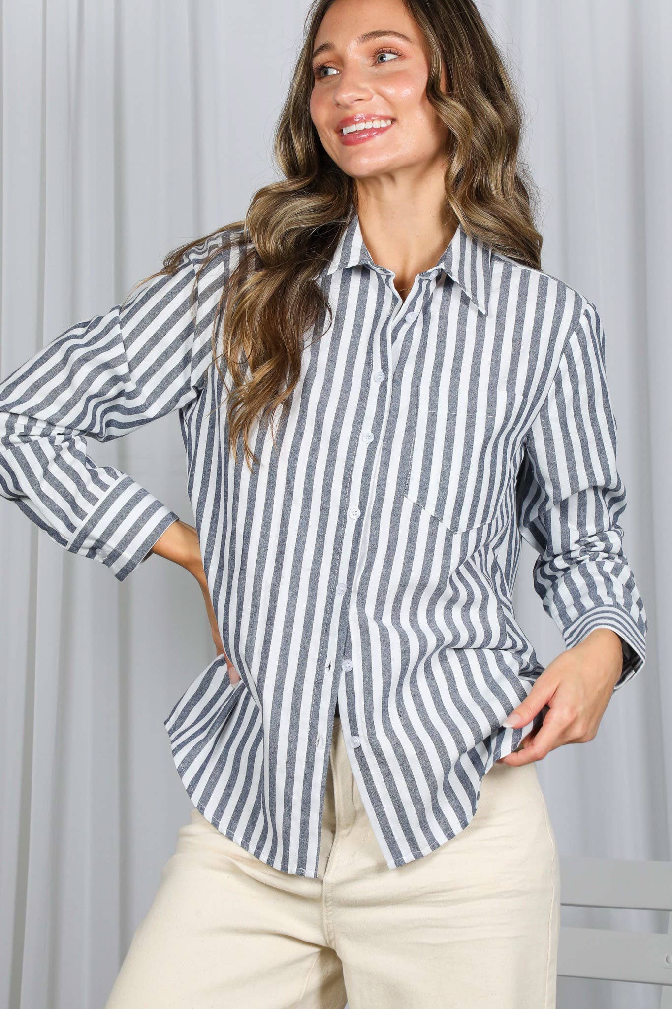 Striped 100% Cotton Collared Shirt Top VT81385: Blue / L