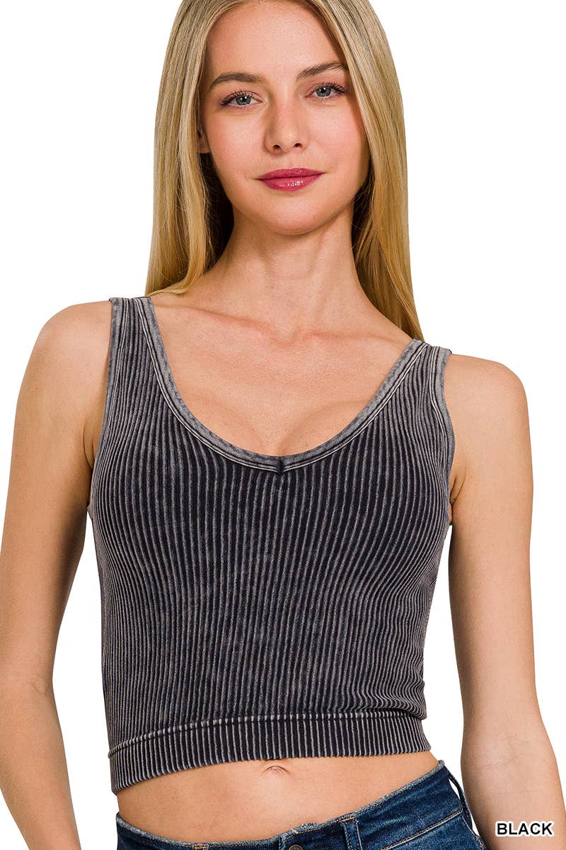 Washed Ribbed Cropped Bra Padded V-neck Tank Top: DEEP CAMEL / 3-3 (S/M-L/XL)