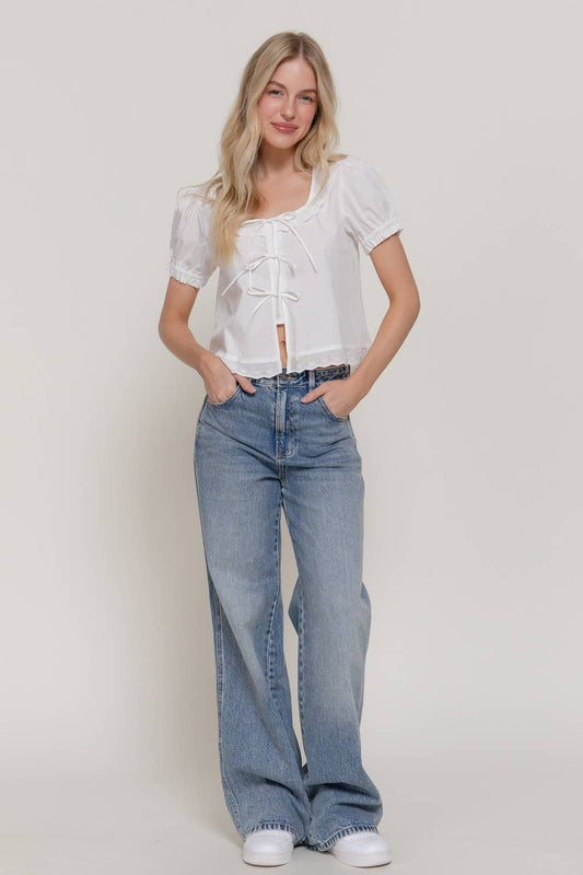 Short Sleeve Square Neck Blouse with Eyelet Lace Trim & Tie: WHT-white / S