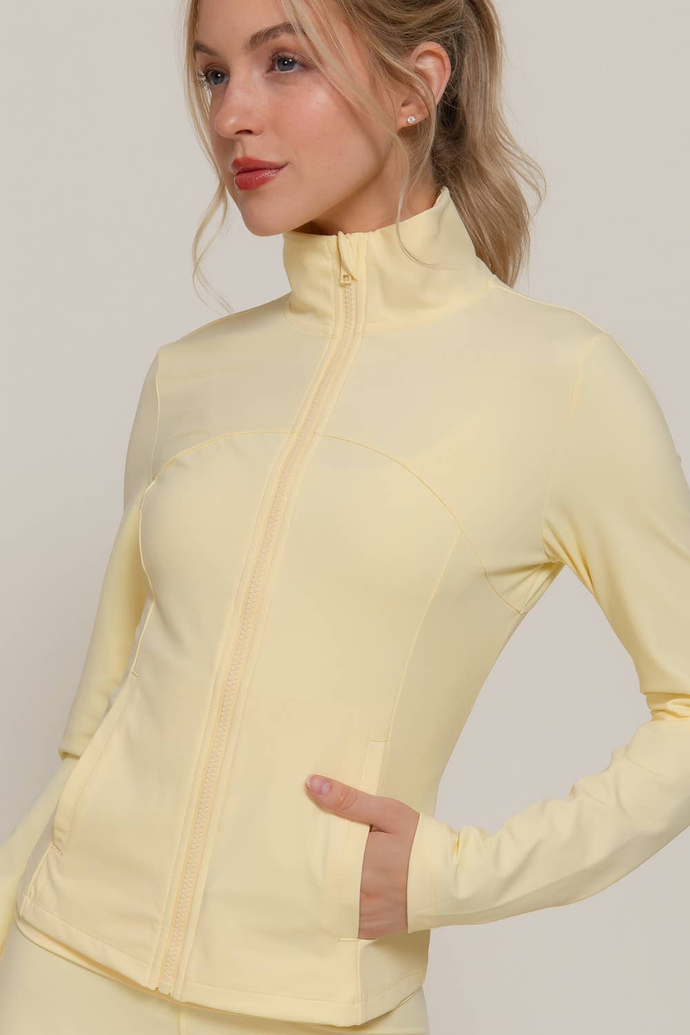 Long Sleeve Mock Neck Seam Detail Workout Jacket: GRN-jade green / S