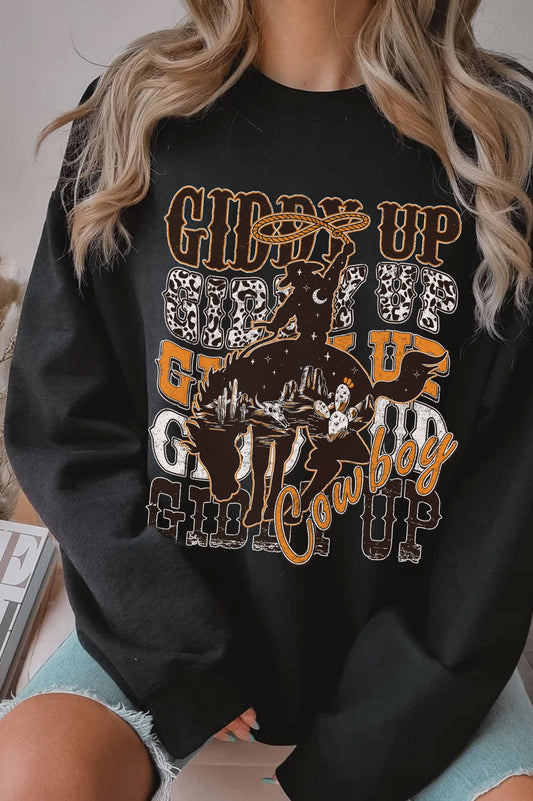 GIDDY UP COWBOY GRAPHIC BRUSHED SWEATSHIRTS: Black