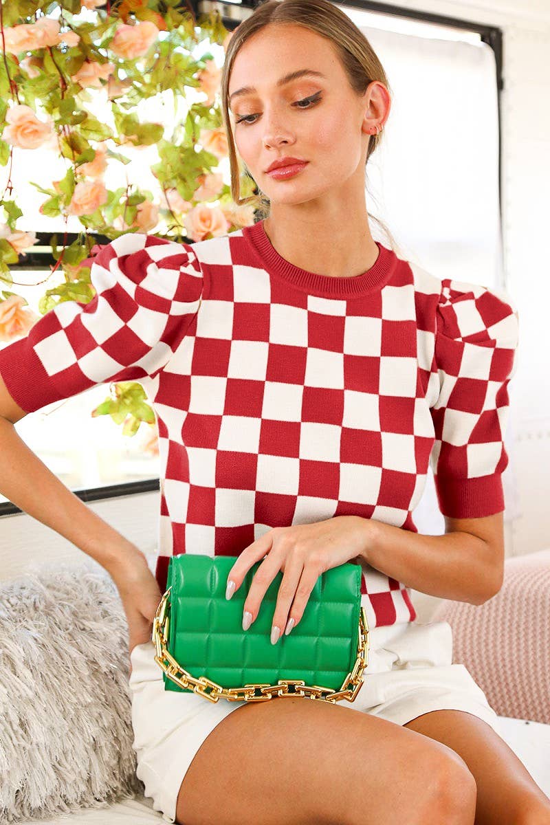 Checkerboard Crew Neck Short Puff Sleeve Sweater VT81345: Pink / M