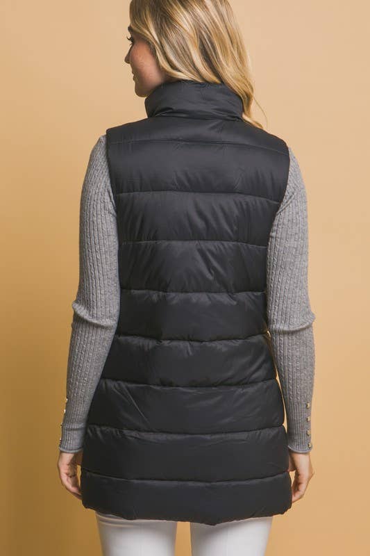 Sleeveless Longline Puffer Vest: BLACK