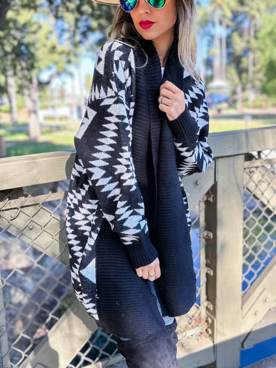 Black Aztec Printed Lightweight Cardigan with Pockets: Black / One Size