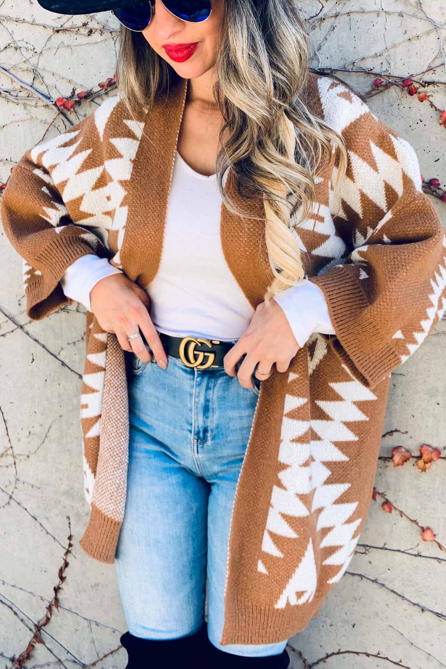 Caramel Open Front Aztec Printed Knitted Cardigan: Caramel / One Size