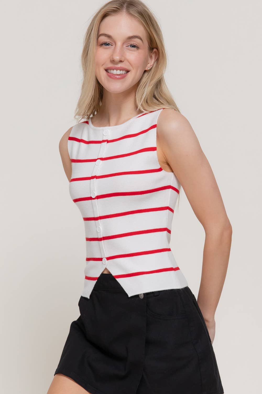 Sleeveless Boat Neck Button Split Stripe Top: KHA-white/khaki / S