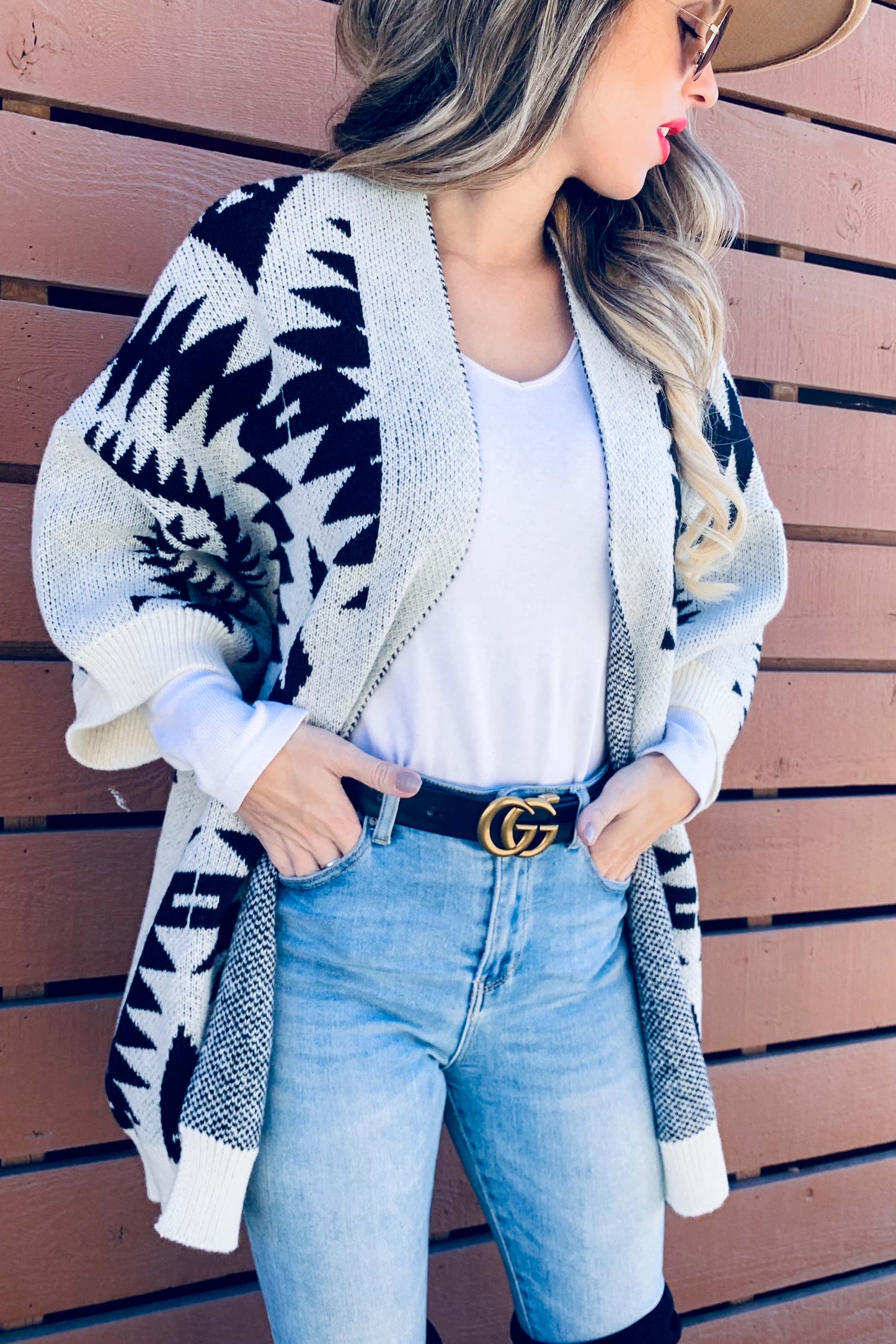 Cream Open Front Aztec Printed Knitted Cardigan: Cream / One Size