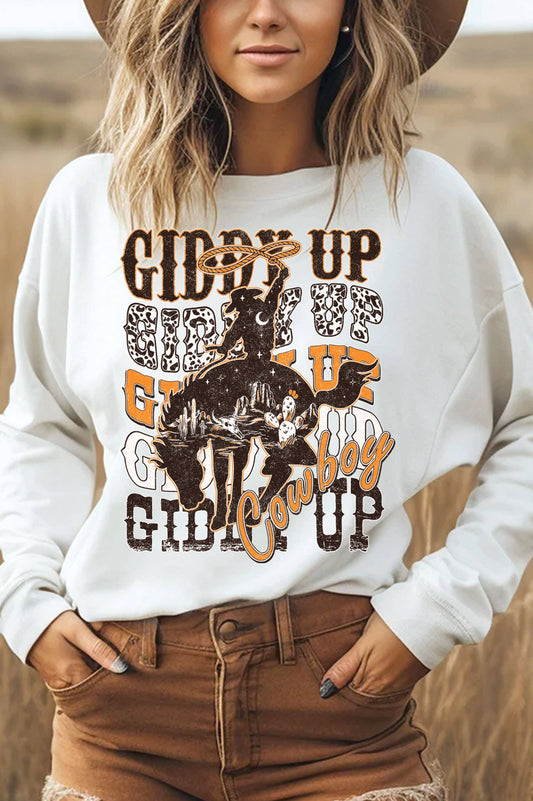 GIDDY UP COWBOY GRAPHIC BRUSHED SWEATSHIRTS: Black