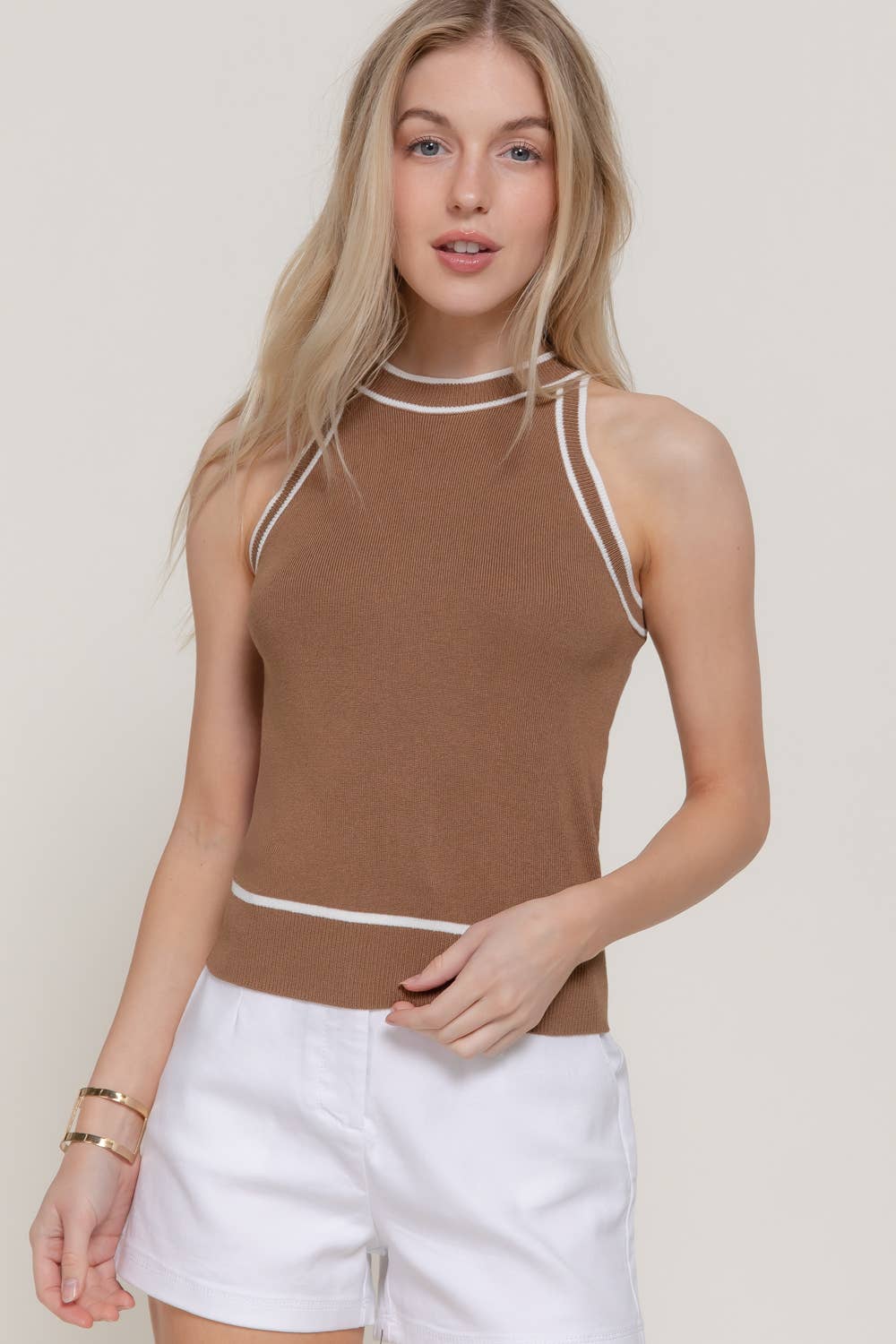 Contrast Stripe Halter Neck Spring Sweater: TEL-jade/white / S
