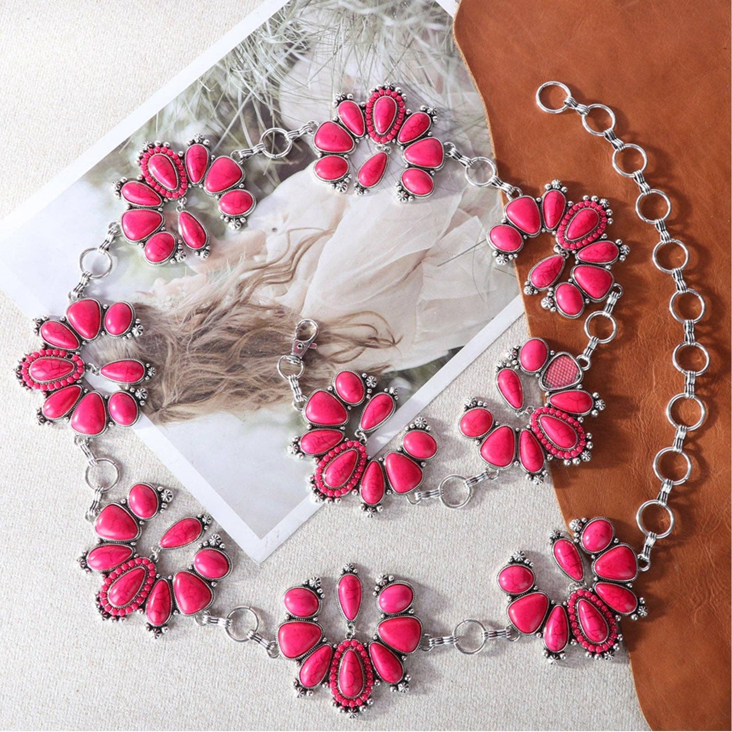 RCB-1048  Rustic Couture Etched Oval Flower Stone Concho Link Chain Belt: Hot Pink