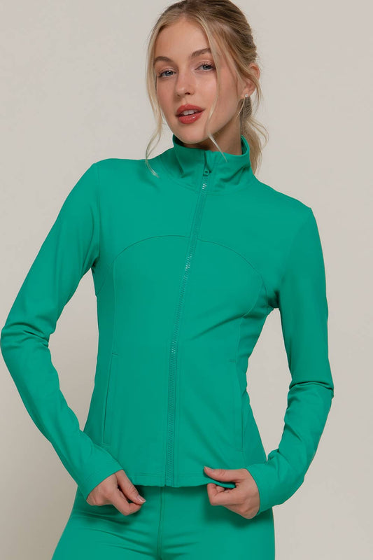 Long Sleeve Mock Neck Seam Detail Workout Jacket: GRN-jade green / M