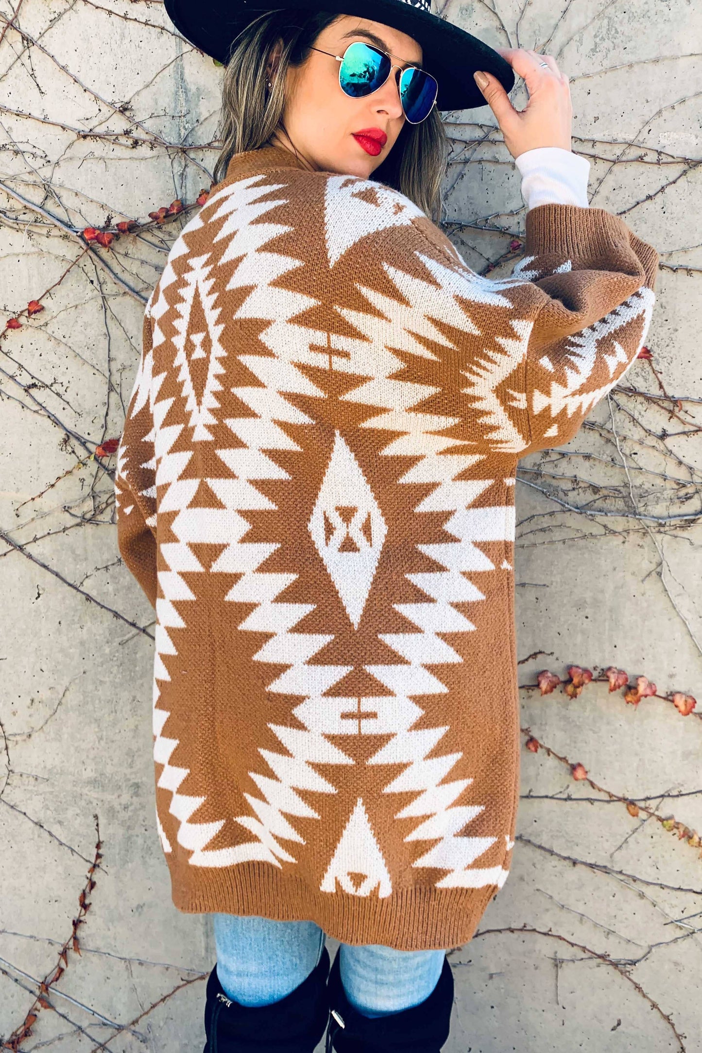 Caramel Open Front Aztec Printed Knitted Cardigan: Caramel / One Size