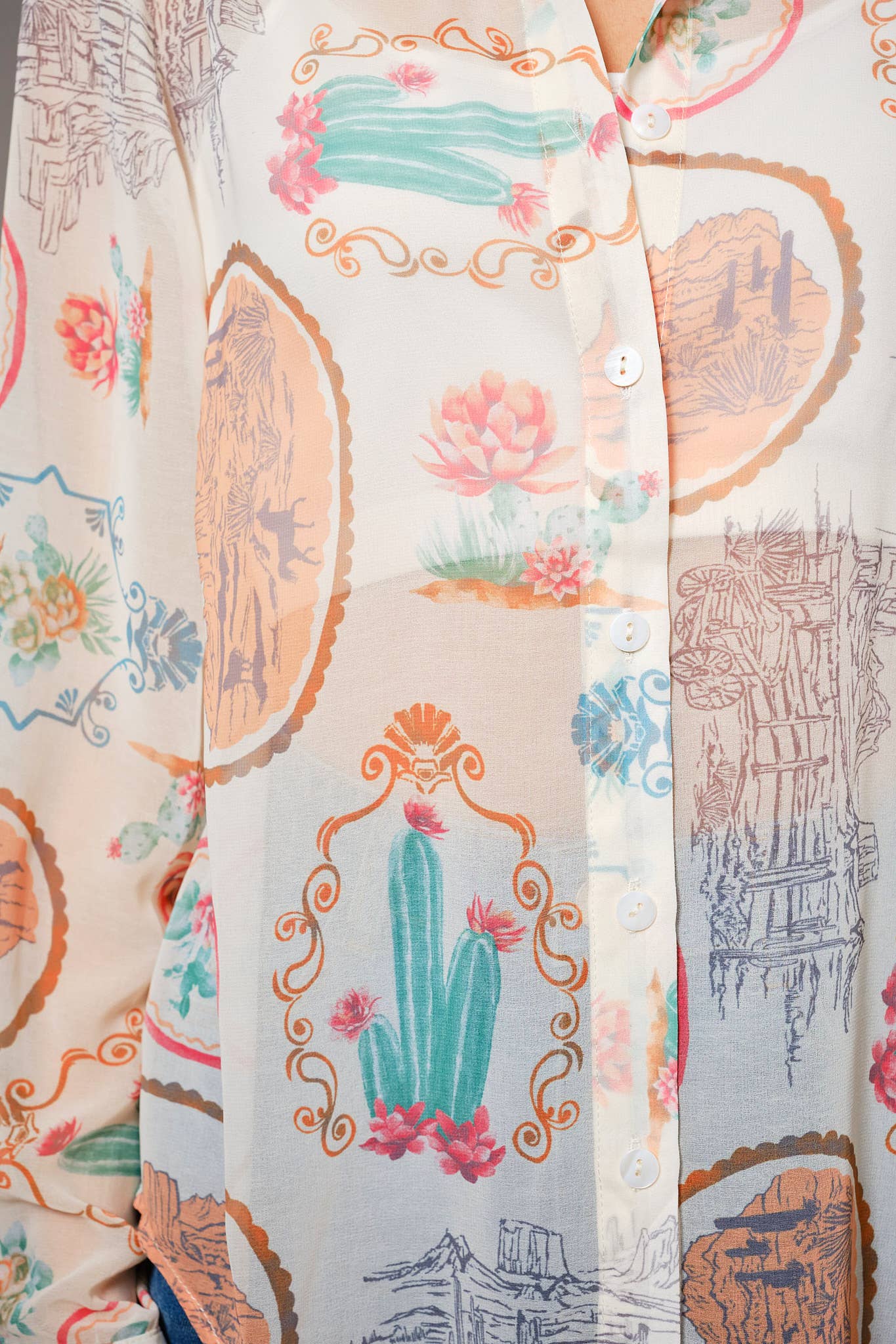 Western Print Chiffon Shirt: MULTI