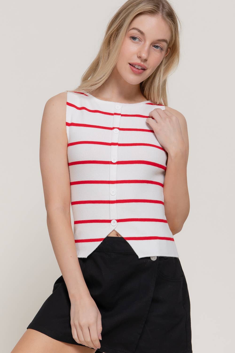 Sleeveless Boat Neck Button Split Stripe Top: KHA-white/khaki / M