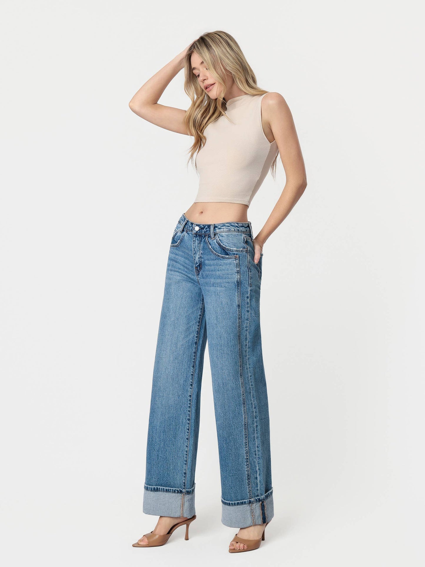 HIGH RISE CUFFED PANEL BAGGY WIDE JEANS T6645: SHINE / 24