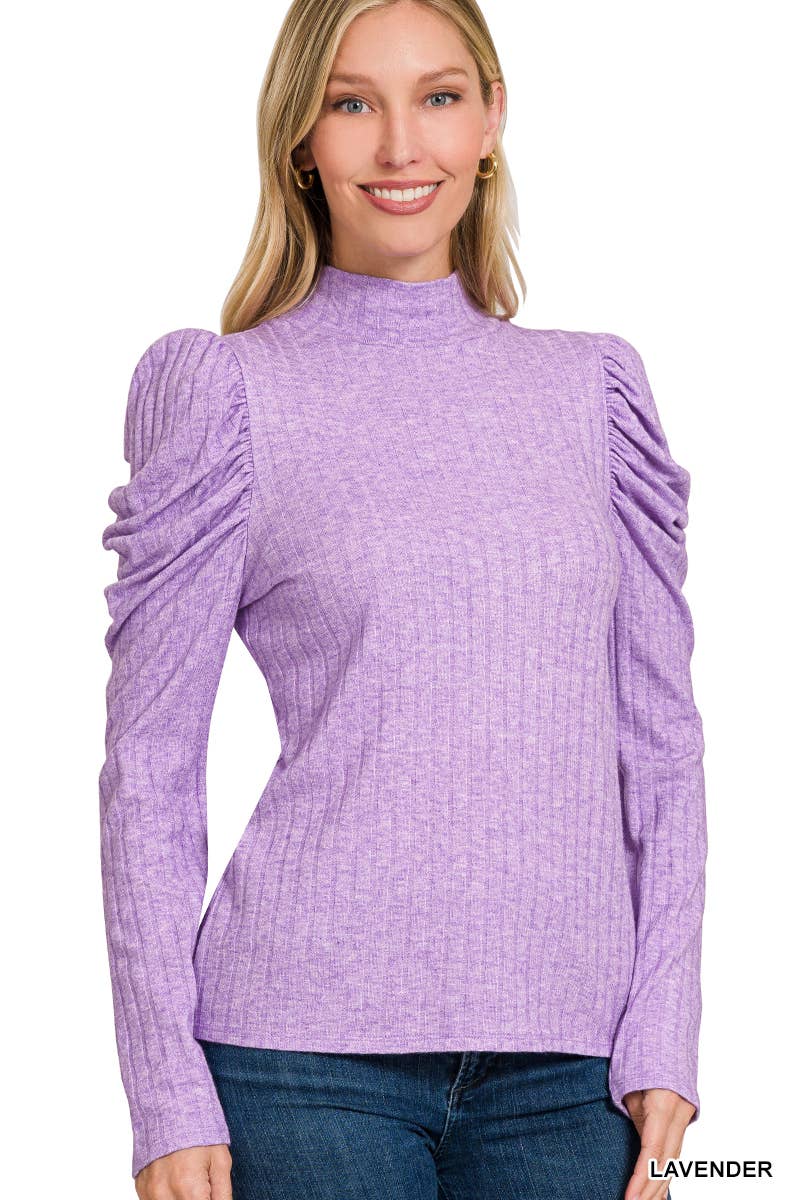 Ribbed Puff Long Sleeve Mock Neck Top: LT GREEN