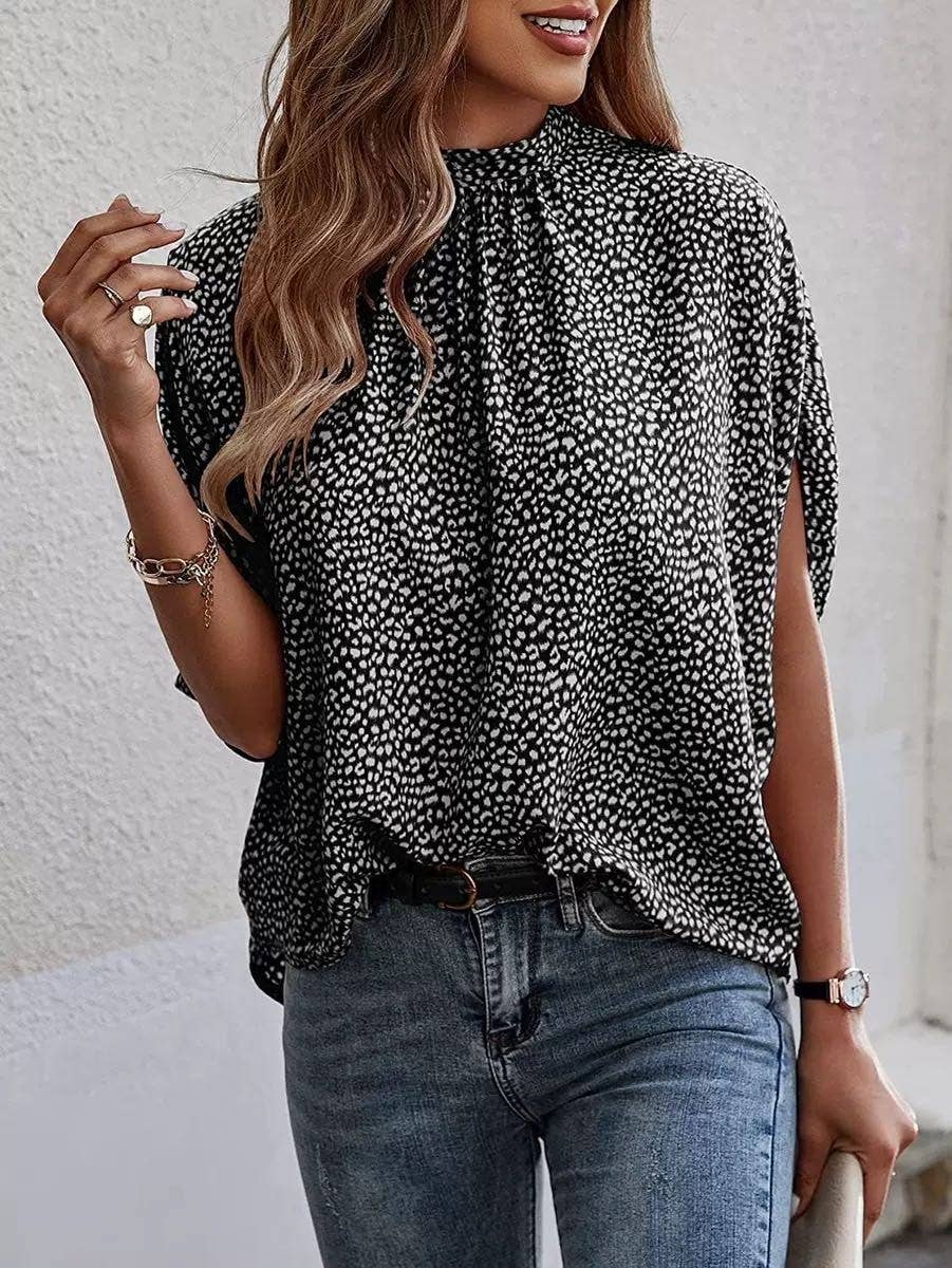 Mock collar winged blouse: Green / S