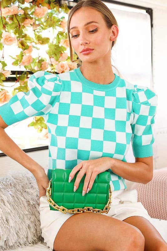 Checkerboard Crew Neck Short Puff Sleeve Sweater VT81345: Pink / S