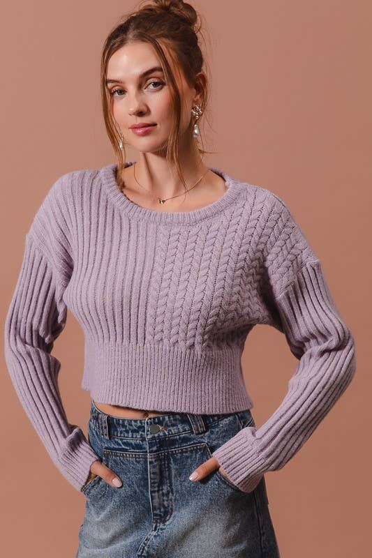 Cable Knit Crop Sweater Top: IVORY