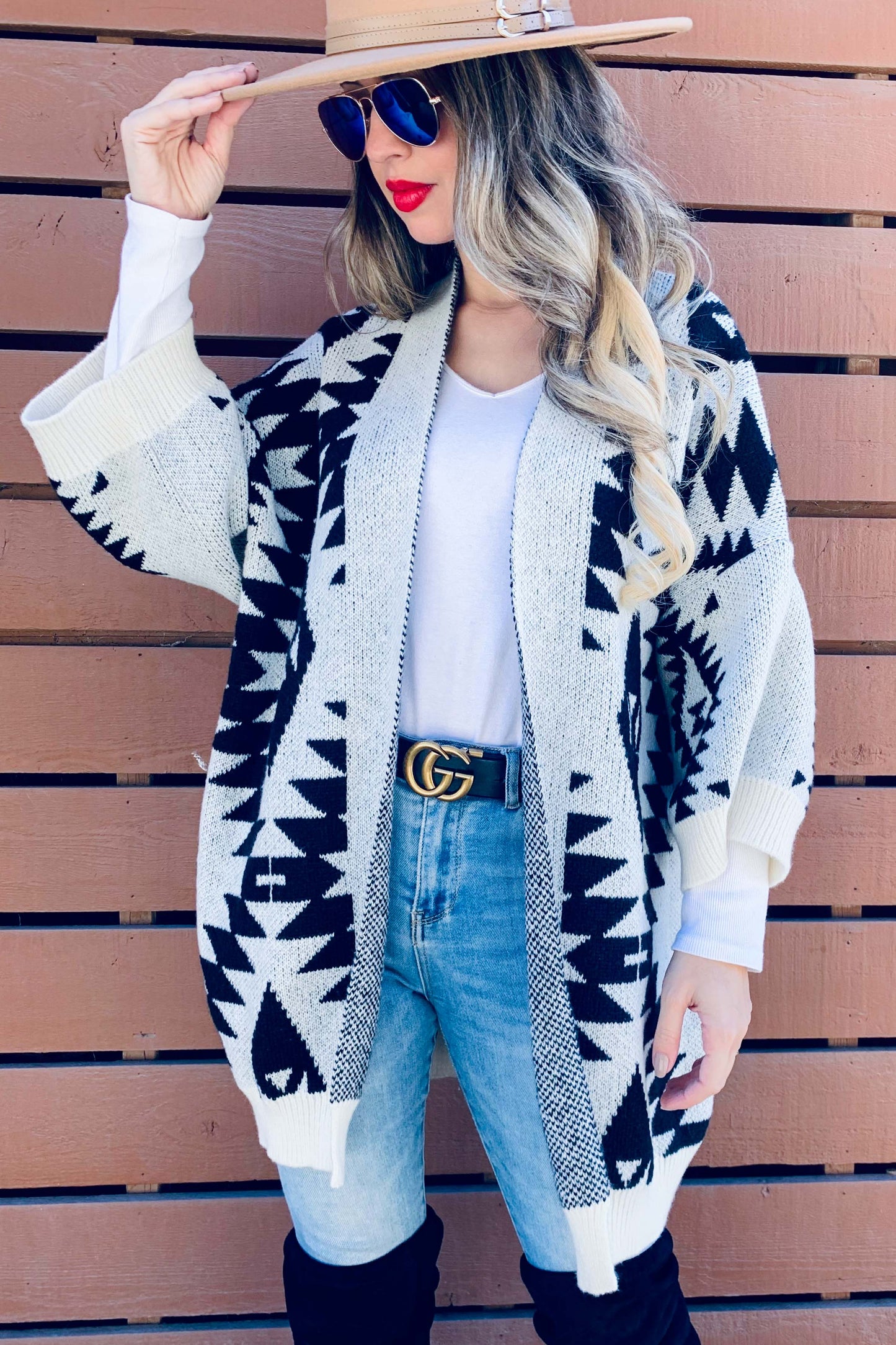 Cream Open Front Aztec Printed Knitted Cardigan: Cream / One Size