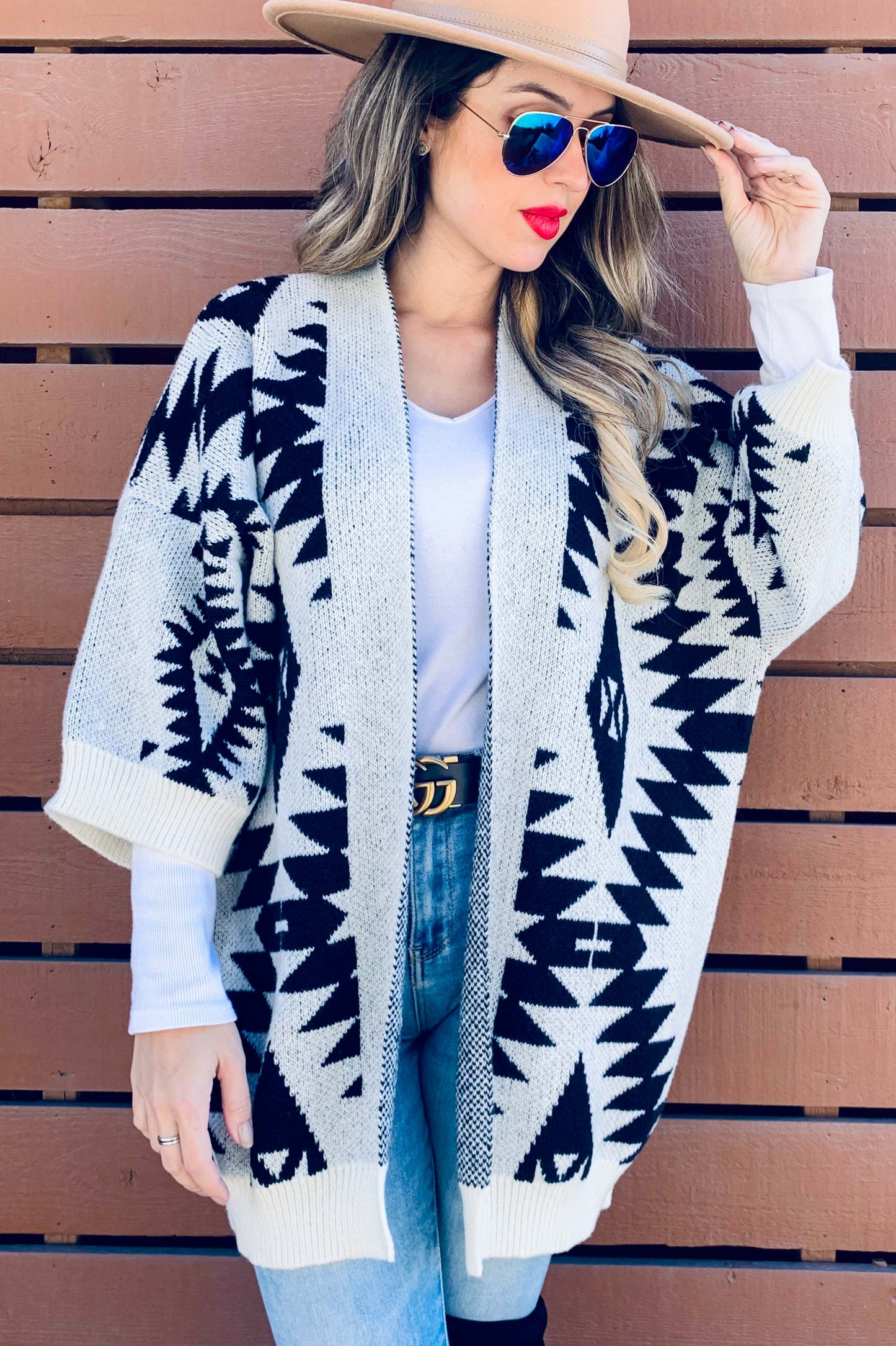 Cream Open Front Aztec Printed Knitted Cardigan: Cream / One Size