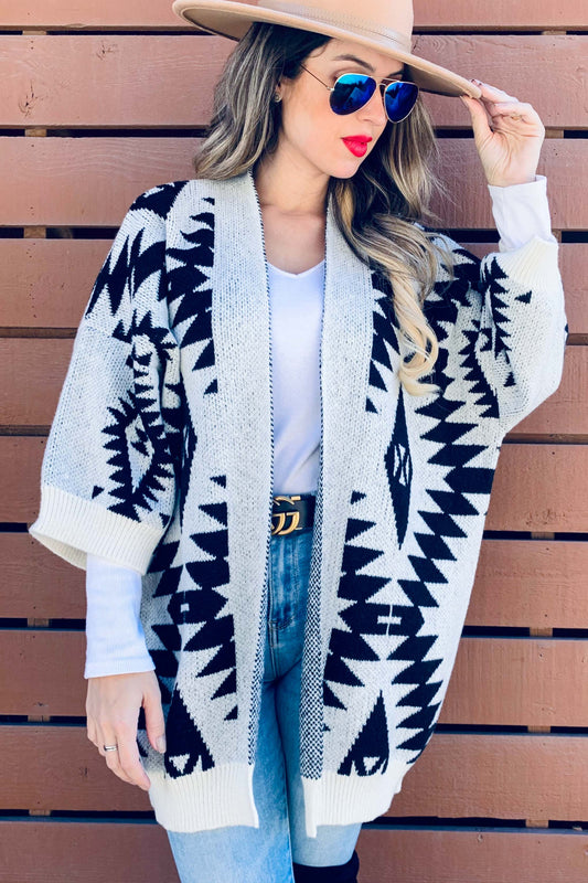 Cream Open Front Aztec Printed Knitted Cardigan: Cream / One Size