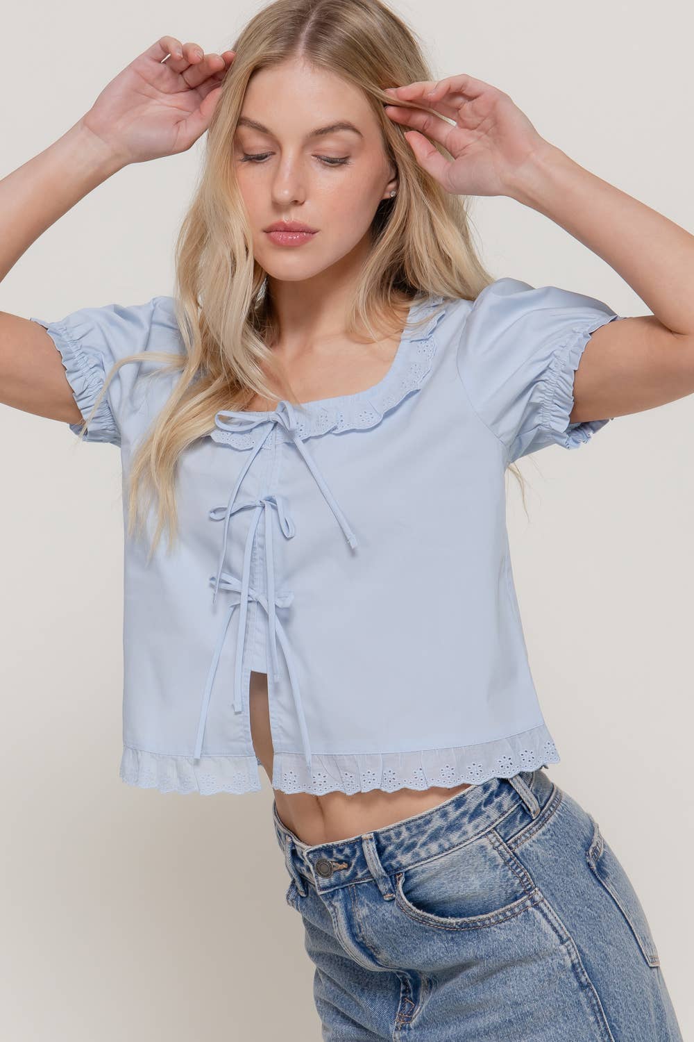 Short Sleeve Square Neck Blouse with Eyelet Lace Trim & Tie: WHT-white / L