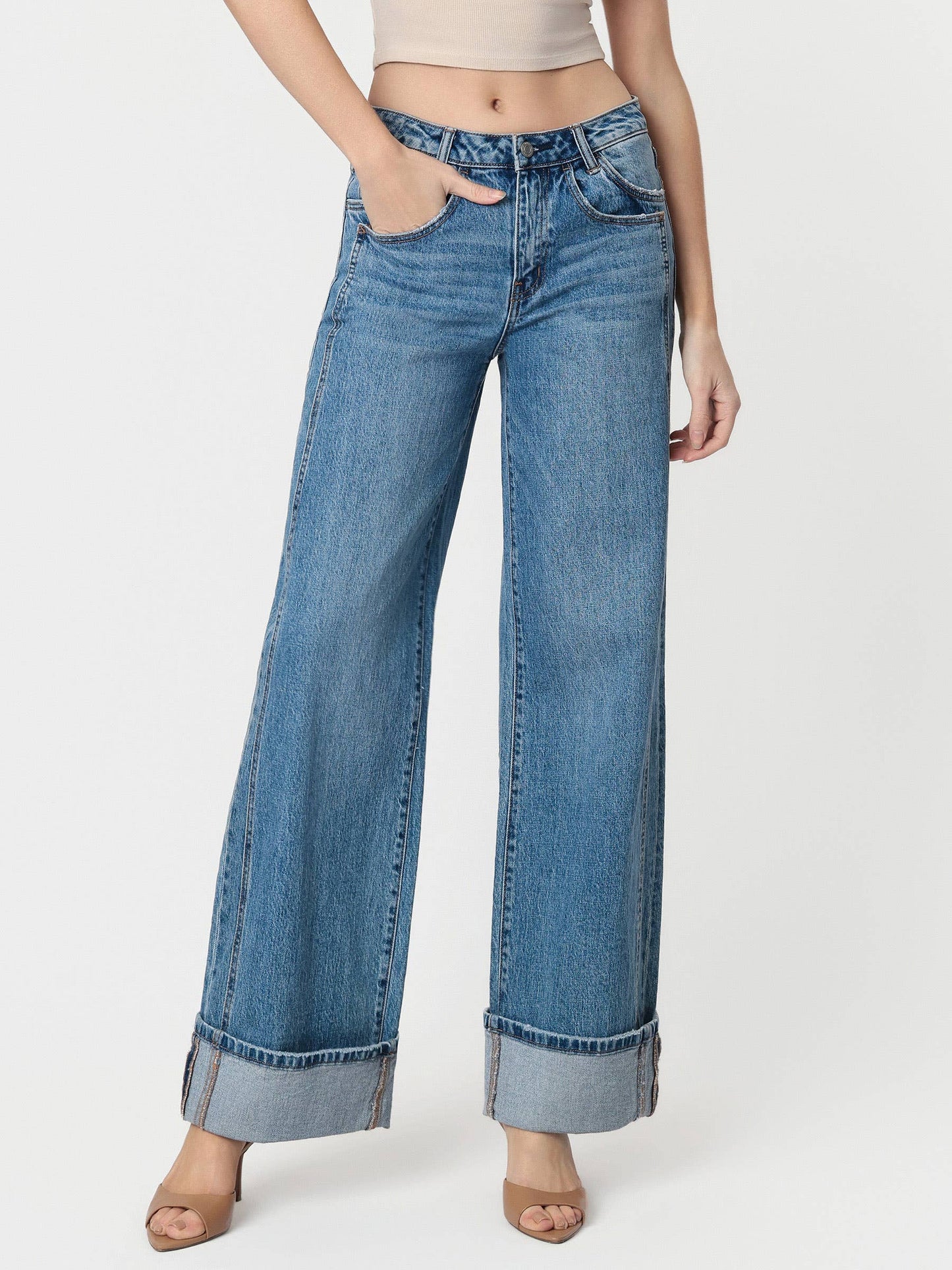 HIGH RISE CUFFED PANEL BAGGY WIDE JEANS T6645: SHINE / 24