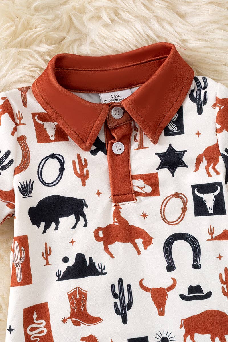 Ivory multi-printed western baby romper with snaps. RPB60290 AMY: 12-18 months