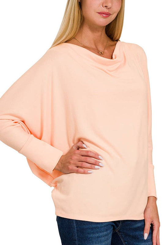 Dolman Sleeve Boat Neck Long Sleeve Top: LT PEACH
