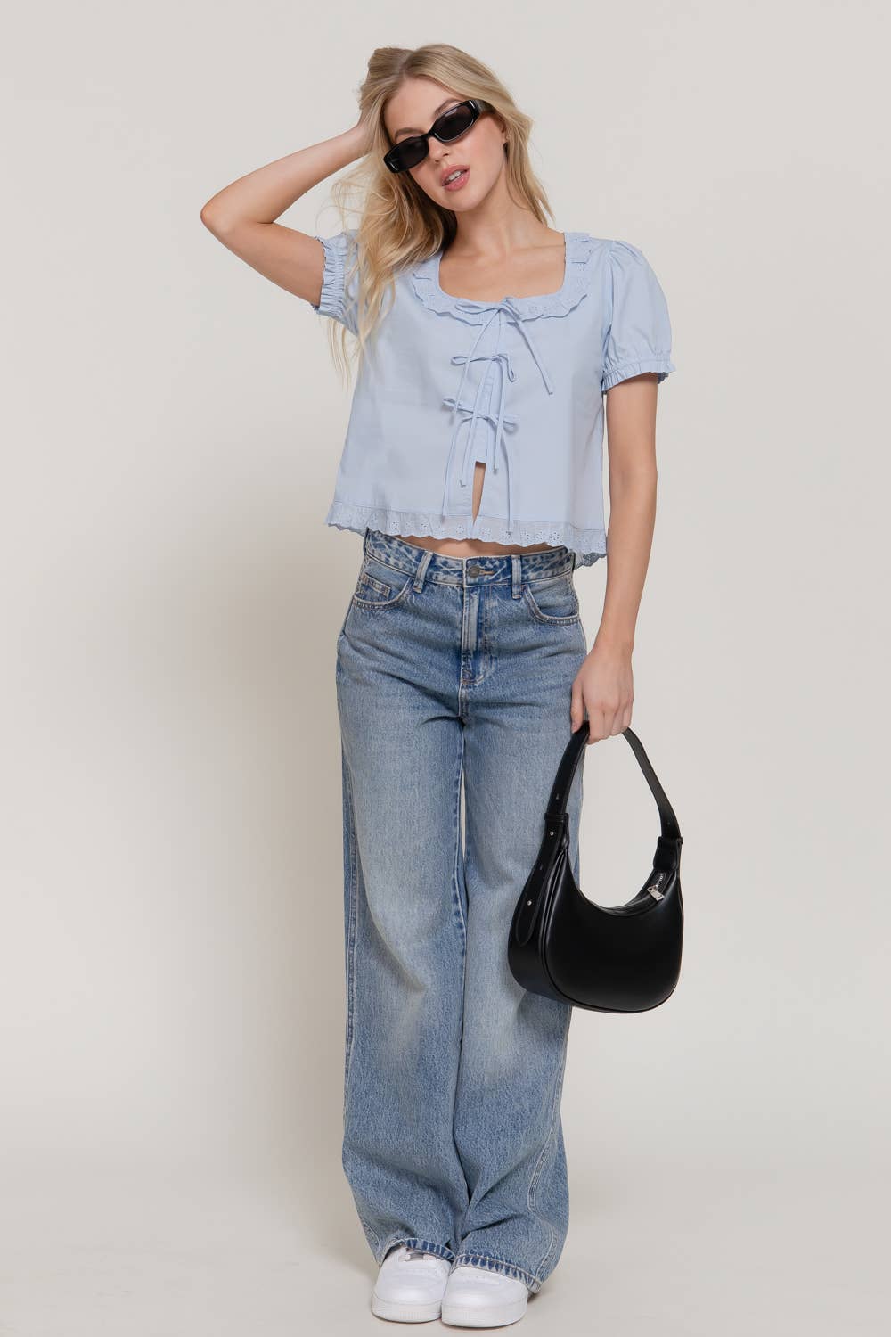 Short Sleeve Square Neck Blouse with Eyelet Lace Trim & Tie: WHT-white / M