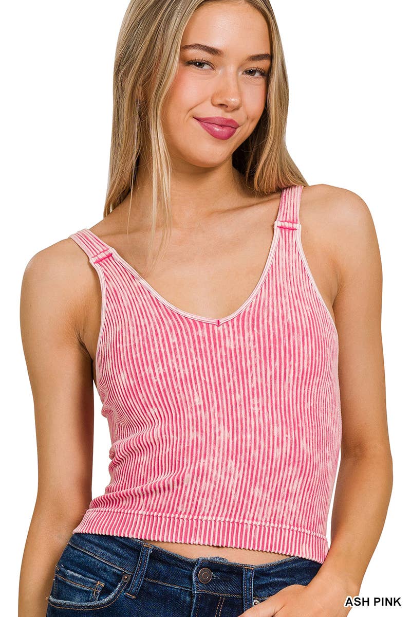 Washed Ribbed Cropped Bra Padded V-neck Tank Top: K GREEN / 3-3 (S/M-L/XL)