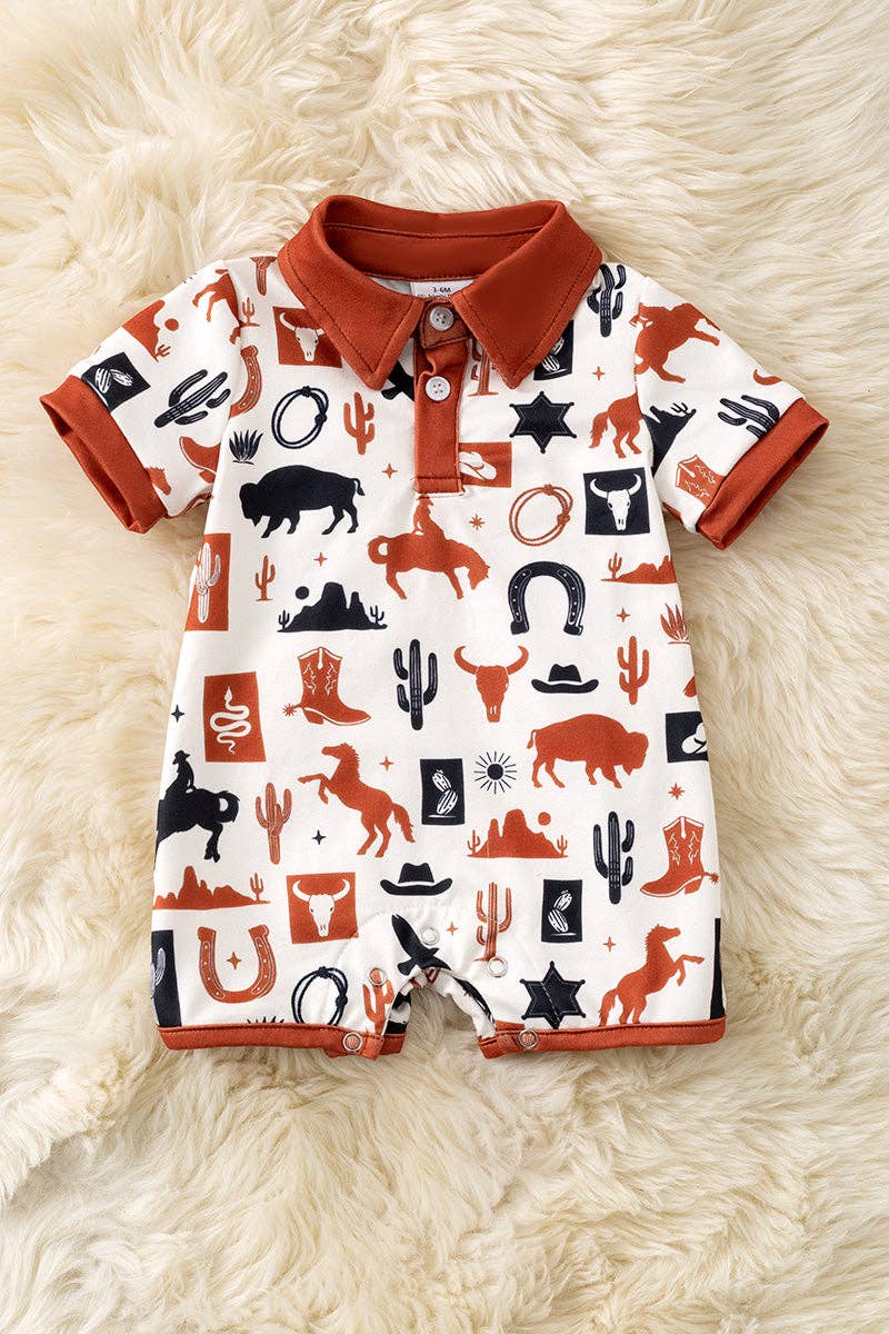 Ivory multi-printed western baby romper with snaps. RPB60290 AMY: 12-18 months