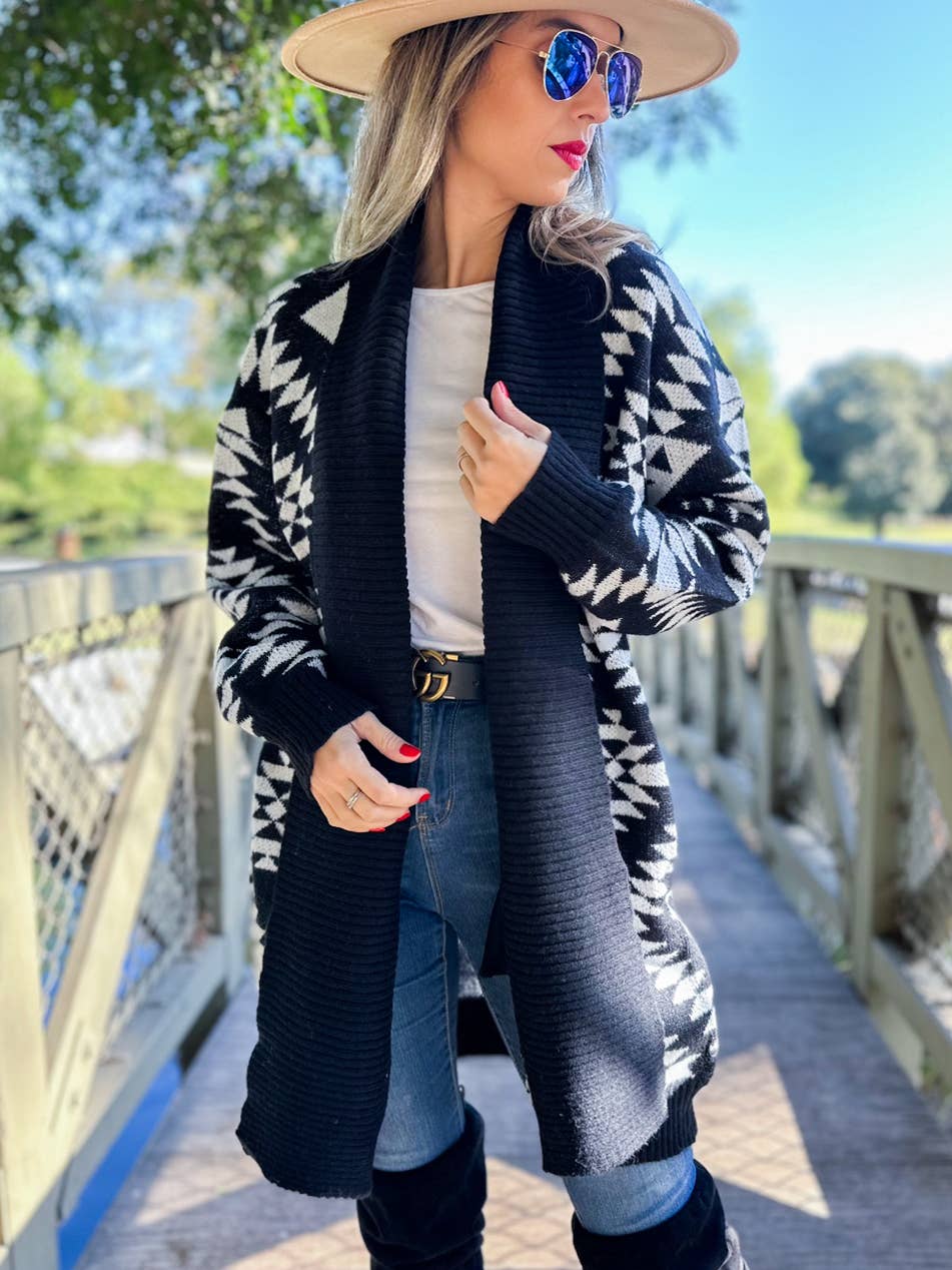 Black Aztec Printed Lightweight Cardigan with Pockets: Black / One Size