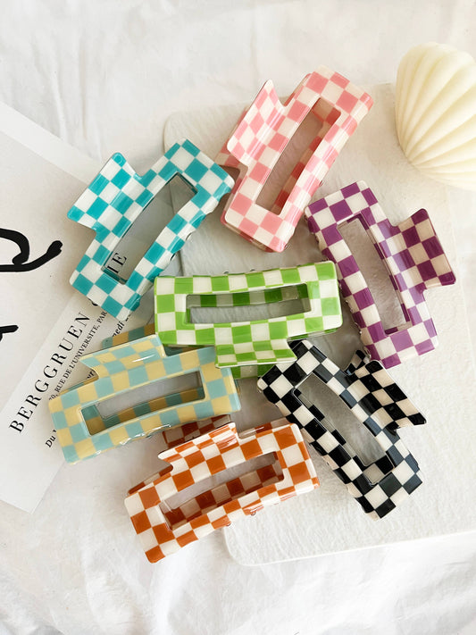 Jumbo 4" Acetate Hair Claw, Tortoise Hair Clips - BETTY-CK: Lime Checkered