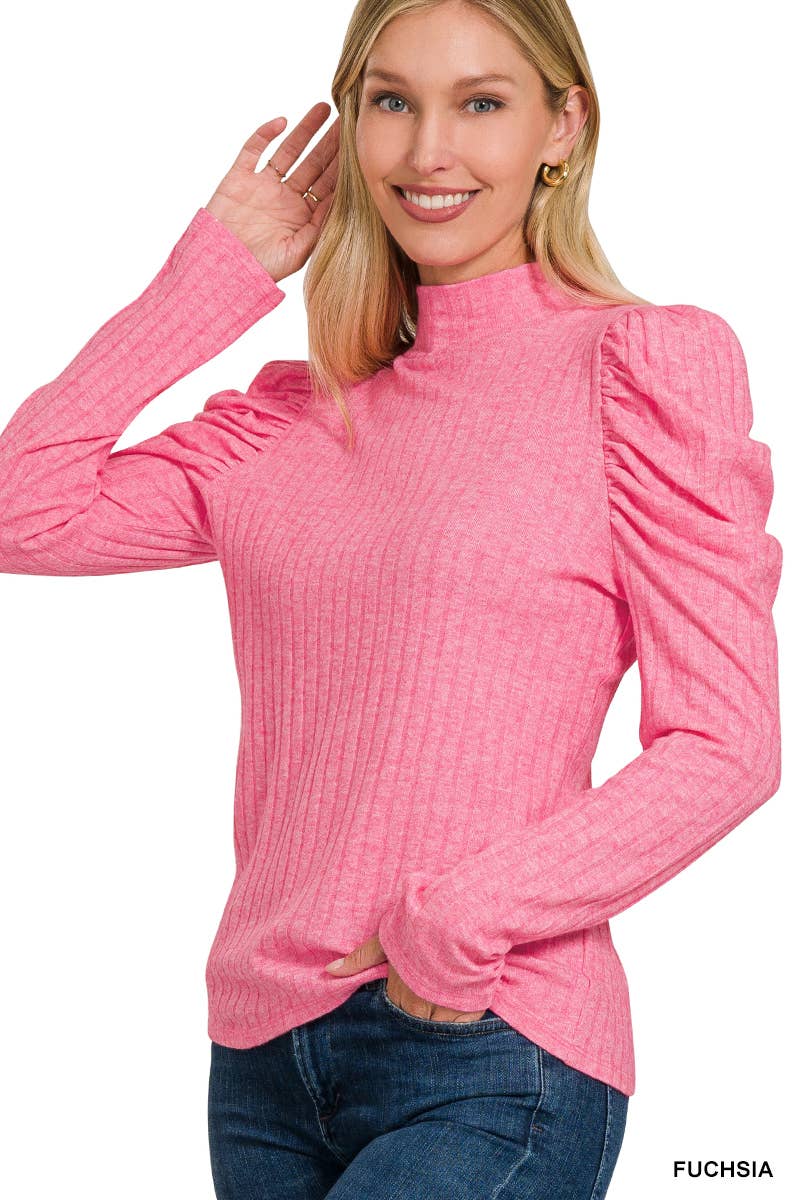 Ribbed Puff Long Sleeve Mock Neck Top: LT GREEN