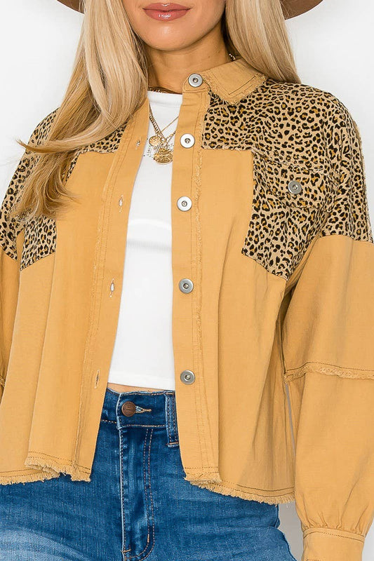 Leopard Contrast  Denim Jacket with Raw edge: Mocha / Small