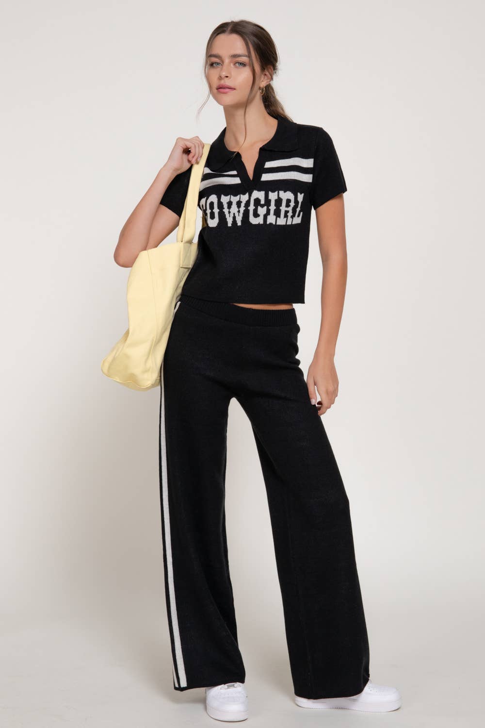 Jacquard Front Short Sleeve polo Knit Top: BLK-black/ivory / S