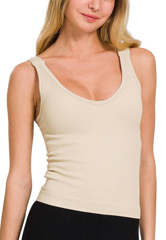 Ribbed Bra Padded V-neck Tank Top: RUBY / 3-3 (S/M-L/XL)