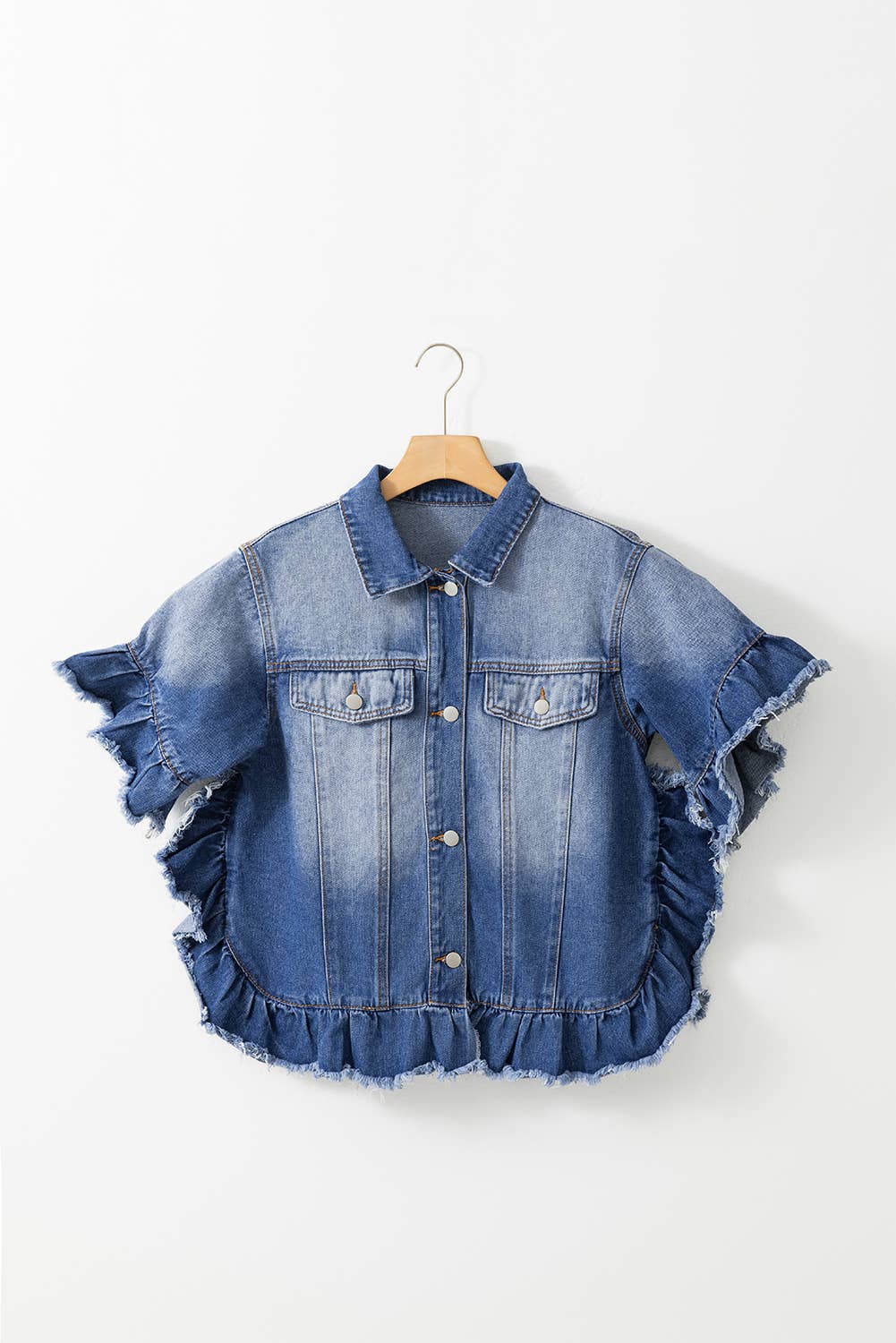 Raw Edge Ruffled Short Sleeve Denim Jacket: Blue / M