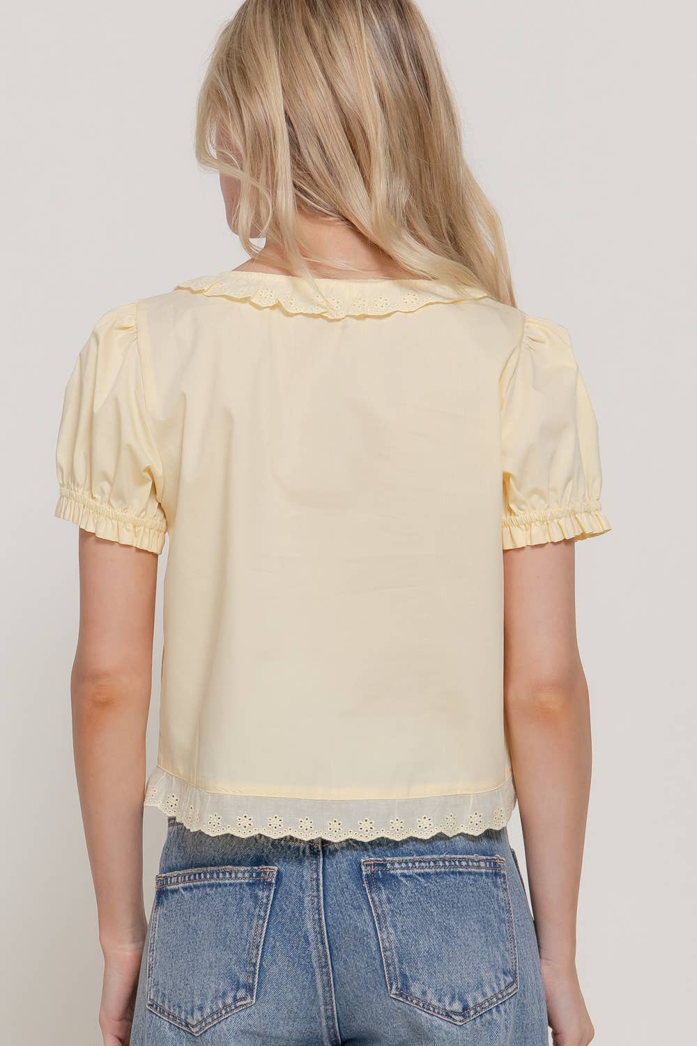 Short Sleeve Square Neck Blouse with Eyelet Lace Trim & Tie: WHT-white / S