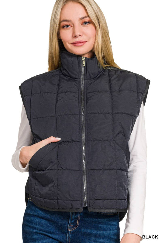 High Neck Puffer Vest: BLACK / 2-2-2 (S-M-L)