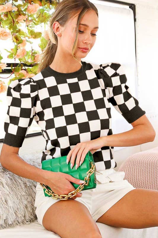 Checkerboard Crew Neck Short Puff Sleeve Sweater VT81345: Pink / M