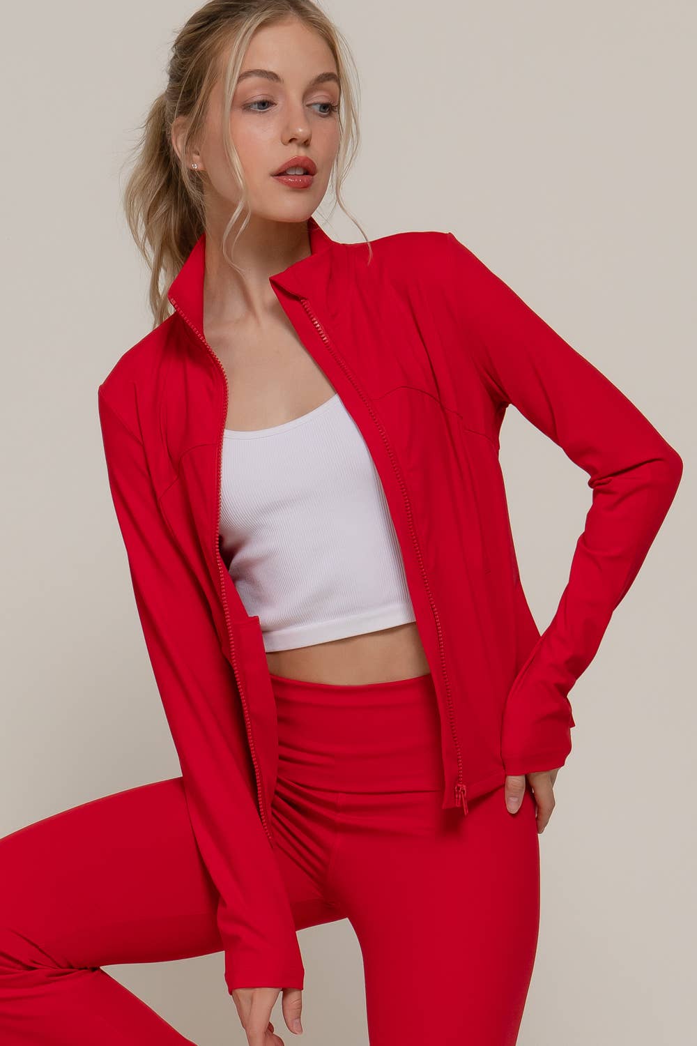 Long Sleeve Mock Neck Seam Detail Workout Jacket: GRN-jade green / S