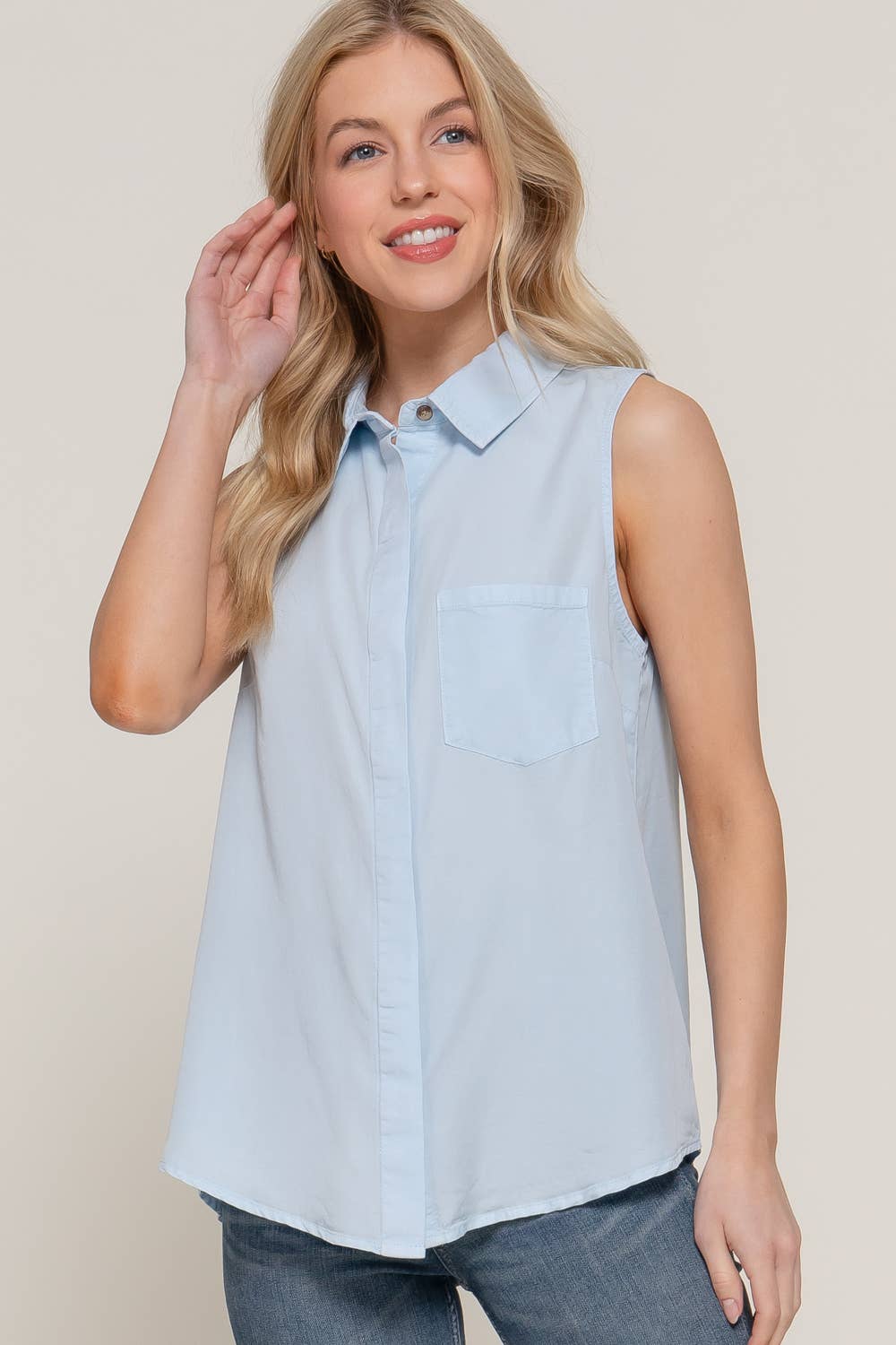 Sleeveless With Pocket Tencel Shirt: IVY-BEIGE / S