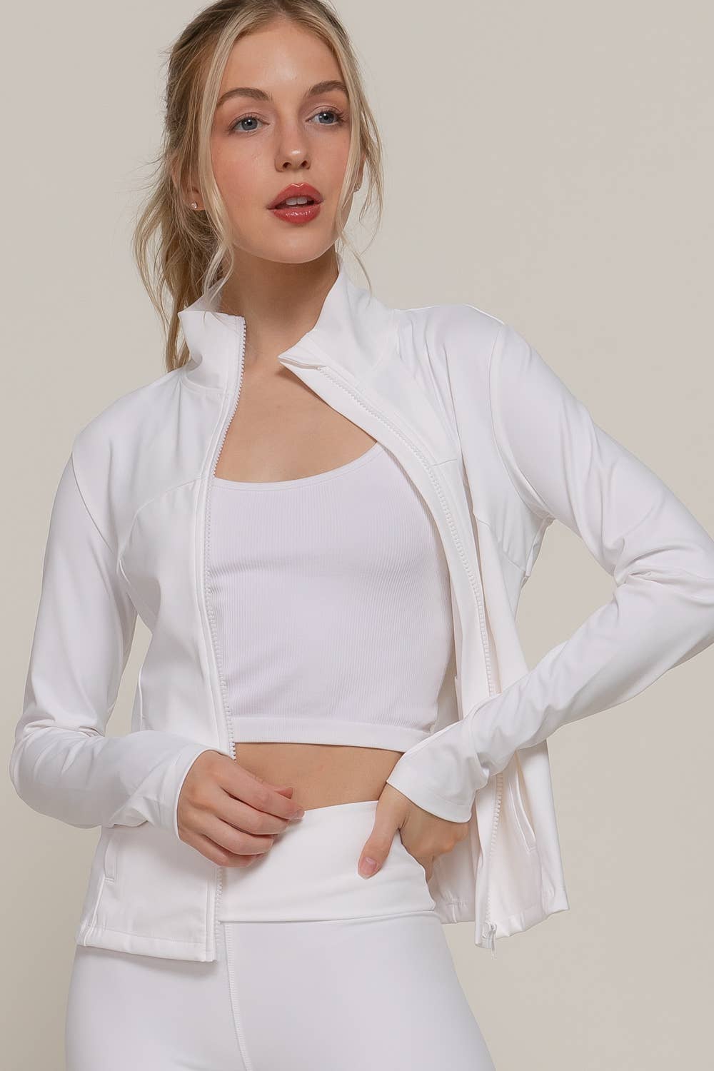 Long Sleeve Mock Neck Seam Detail Workout Jacket: GRN-jade green / M