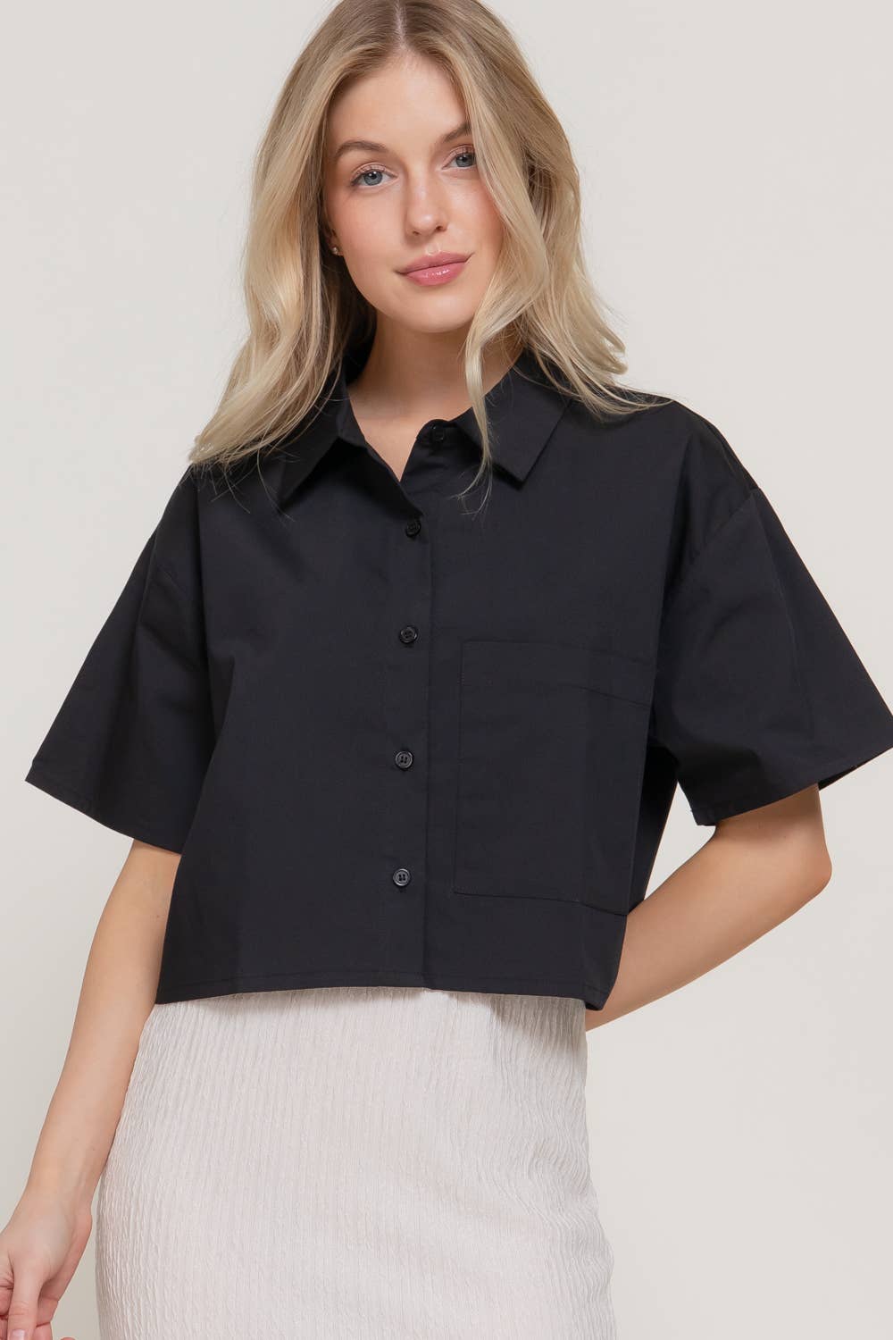 Short Sleeve Button Down Poplin Boxy Woven Shirt: BLU-blue / S